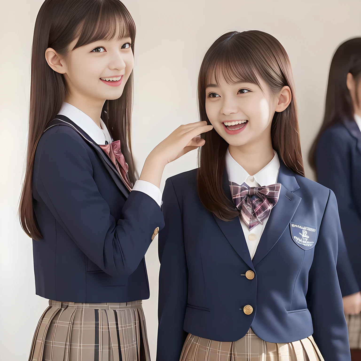 (Highest quality, masterpiece:1.2), Highest quality, High resolution, 1080P, 8k, height: 158cm, ((A noble, graceful and intelligent girl who looks like a best proportion Japanese young lady is turning around and giggling in a strong wind)), ((So sweet, very noble, neat, and pretty Japanese beautiful cute girl)), ((A real, very girly, sweet, cute and noble girl)), ((((A beautiful Japanese cute fashion model)))), ((((Very pure white face and limbs)))), Glossy Lips, (Evenly cut bangs), ((Very beautiful, droopy, cute, pure, noble brown eyes)), ((Super long, black straight hair that reaches the floor)), (Very shiny, glossy Lips), ((Beautiful straight hair like a school promotion model)), Watch at you, ((Incredibly well organized, Rich facial expressions)), ((Plump and beautiful white skin and face)), ((Pure, clear, gentle brown eyes)), ((staring at me)), Glossy Lips, ((noble and elegant)), Very beautiful blue skirt, ((Large upward-curving lips)), White Hand, ((((Navy Japanese school blazer with noble golden emblem)))), ((Navy and sapphire blue Japanese school uniform)), ((Tartan check pattern pleated long skirt)), ((Cobalt blue string chest ribbon)), ((((An ecstatic expression of boundless joy)))), ((plain white background)), ((perfect body)), (((hair beauty magazine for young girls))), (Double eyelids, graceful noble eyes and faces with well balanced and carefully detailed:1.6),