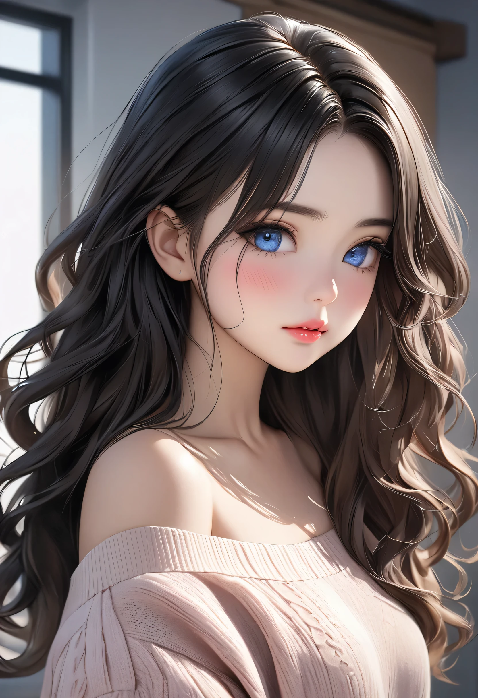 ((masterpiece, highest quality, Highest image quality, High resolution, photorealistic, Raw photo, 8K)), 1girl, off-shoulder sweater, cream colored sweater, black hair, wavy hair, long hair, blue eyes, pink lips, pink blush on cheeks, 