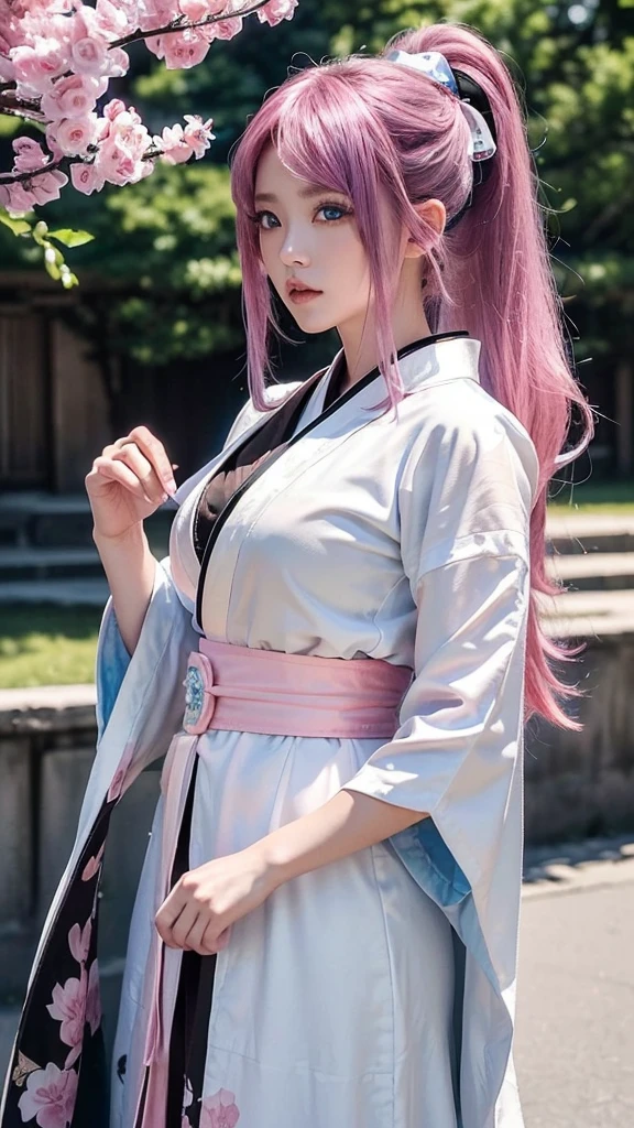 (8k, Highest quality:1.2)、masterpiece, , (Attractive Asian:1.0),(((Jinhaori)))、(((blue eyes)))、(((long white gown)))、(((Black short kimono)))、(((Black short kimono)))、 (Strong muscular body), (((Pink Hair))),(((Pink Hair))),(Long Hair)、((25-year-old woman))、 ((ponytail))、Disheveled Hair、Standing with one's back straight、 (The background is Shibuya), High resolution, (Skin Texture:1.1), Highest quality, 超High resolution, (Realistic: 1.4), RAW Photos, By Ellen von Unwerth, Nikon D850 film stock photos, 1 1 1.6 Lenses, Rich colors, Bokeh, Sharp focus, Realistic, Cinestill 800, Backlight, Rim Light, Strong sunlight, Realistic, Realistic Shadow, 3d, Hair blowing in the wind、、Voluminous lips、((Perfect Face))、((Big eyes))、Delicate eyes、Looking into the camera、belt、Upper Body、((Knee-high boots))、((Lacus Clyne))、Powerful gaze、up、hair ornaments、Voluptuous、