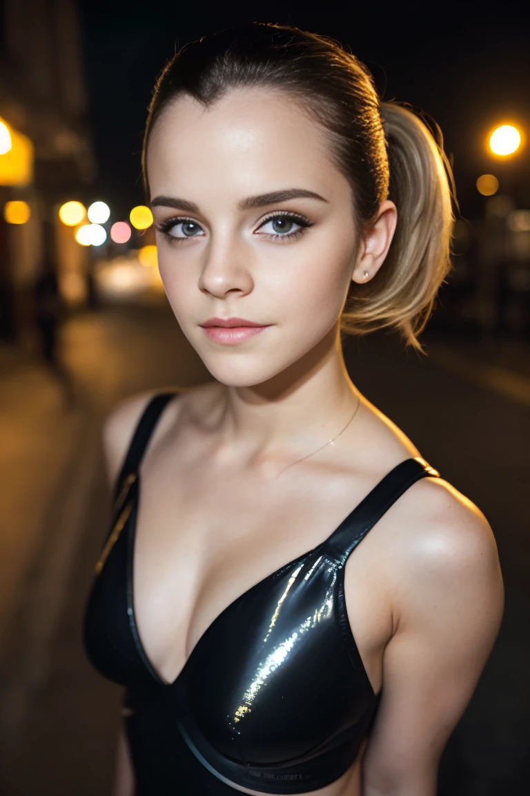 little Emma Watson, (taking selfies, Overhead view: 1,4), (straight half of the torso: 1,4), Portrait photo of a 24-year-old blonde in RAW UHD format (Blue-eyed woman), pigtails, The floor of the head is shaved bald, Walk down the dark alley, natutal breasts_b, night city, ( Venom cosplay ), (low-cut), bottom, panty, in detail (textures!, hairsh!, glistering, a color!!, imperfections: 1.1), highly detailed glossy eyes, (is looking at the camera), specular lighting, DSLR camera, ultra quality, sharp-focus, sharpness, Depth of field, film grains, (centred), Fujifilm XT3, Crystal clear, big breastes, naked torso, The center of the frame, pretty face, sharp-focus, street lamp, neon lights, bokeh, (dimly lit), Low key, in night, (night  sky ) detailed skin pores, oiled skin, suntan, Complex eye details