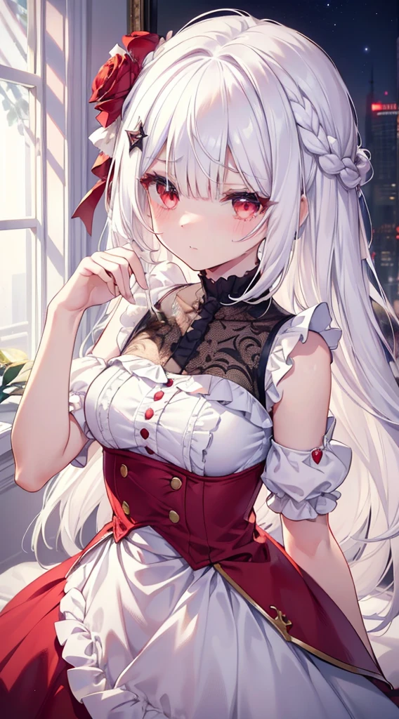 (limited palette), best quality, (((masterpiece))), (((beautiful detailed hair))), (((beautiful detailed skin))), solo,  girl, younger, loli, (white hair))), red eyes, (mascara), blunt bangs, ((hair over eyes)), long hair, medium breasts, frilled white dress, white frills, too many frills, rose, noble, loyal, brides hair head, (((eye focus))), (((expression horny))), blurry background, shining eyes, star eyes, (red theme), bedroom background, looking at viewer, (((hair tucking))), (((night))), half-closed eyes, close-up, (((hair ornament))), upright body, Neatly cut bangs, braided hair behind head, sleeveless dress,