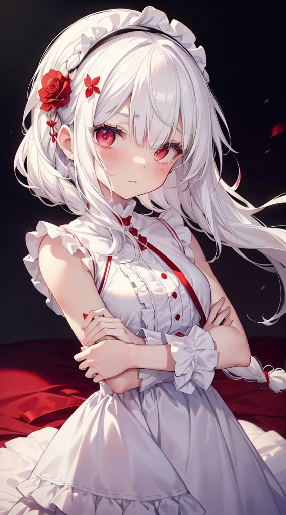 (limited palette), best quality, (((masterpiece))), (((beautiful detailed hair))), (((beautiful detailed skin))), solo, little girl, younger, loli, (((white hair))), red eyes, (mascara), blunt bangs, ((hair over eyes)), long hair, medium breasts, frilled white dress, white frills, too many frills, rose, noble, loyal, brides hair head, (((eye focus))), (((expression horny))), blurry background, shining eyes, star eyes, (red theme), bedroom background, looking at viewer, (((hair tucking))), (((night))), half-closed eyes, close-up, (((hair ornament))), upright body, Neatly cut bangs, braided hair behind head, sleeveless dress,