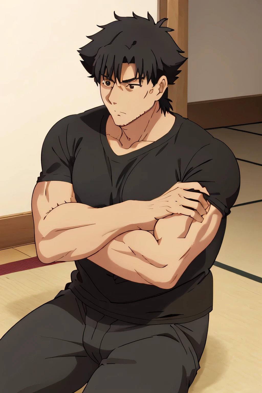 Kiritsugu is sitting and flexing his arms. He wears a black tshirt with short sleeves. His right sleeve is completely rolled up, so you can see his entire arm and shoulder. He wears black short boxershorts. You can see his thighs completely. He has a huge bulge. You can see his abs too. He is admiring his arms.