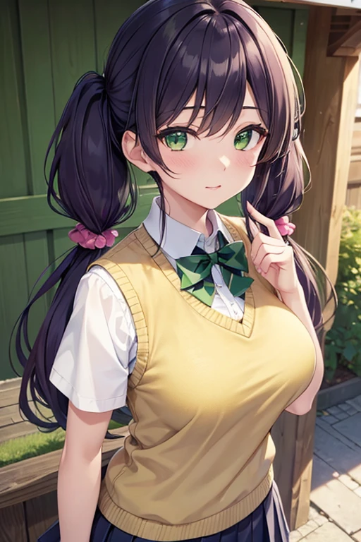 nozomitoujou, nozomi toujou, (green eyes:1.5), purple hair, twintails, low twintails, scrunchie, long hair, (large breast:1.2),
BREAK otonokizaka , pleated skirt, , short sleeves, skirt, summer uniform, sweater vest, yellow sweater vest,
BREAK looking at viewer,
BREAK outdoors, shrine,
BREAK (masterpiece:1.2), best quality, high resolution, unity 8k wallpaper, (illustration:0.8), (beautiful detailed eyes:1.6), extremely detailed face, perfect lighting, extremely detailed CG, (perfect hands, perfect anatomy),