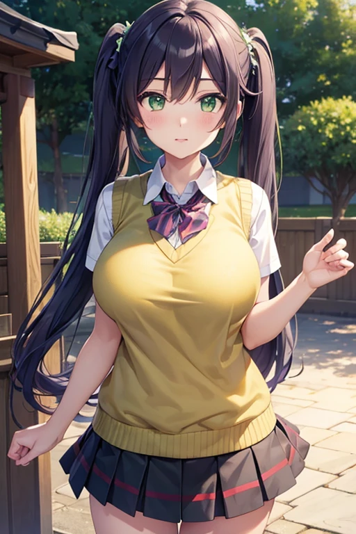 nozomitoujou, nozomi toujou, (green eyes:1.5), purple hair, twintails, low twintails, scrunchie, long hair, (large breast:1.2),
BREAK otonokizaka , pleated skirt, , short sleeves, skirt, summer uniform, sweater vest, yellow sweater vest,
BREAK looking at viewer,
BREAK outdoors, shrine,
BREAK (masterpiece:1.2), best quality, high resolution, unity 8k wallpaper, (illustration:0.8), (beautiful detailed eyes:1.6), extremely detailed face, perfect lighting, extremely detailed CG, (perfect hands, perfect anatomy),