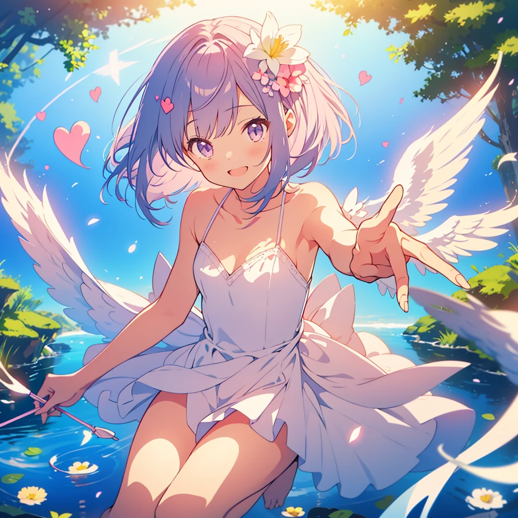 kawaii, anime, Cute, hyper quality, highly detailed, 8k, Clarity, Girl with bright pink smooth short hair, Hold cupid's bow, Detailed facial expressions, lily flower field, Close your eyes and smile, pure, kindness, trust, heart effect, angel wings on the back, heaven, draw a bow, happiness, feeling of happiness, magic effect, angel wings dance, rainbow color effect, iris effect, light atmosphere, sky temple, take off and float in the air, Halo, iris arc, Expanding perspective, Hold a heart-shaped pink bow and a magic arrow, A pose where you close your legs and jump to shoot an arrow., white lily garden, lily petals dance, heart bow and magic arrow, celestial maiden costume,