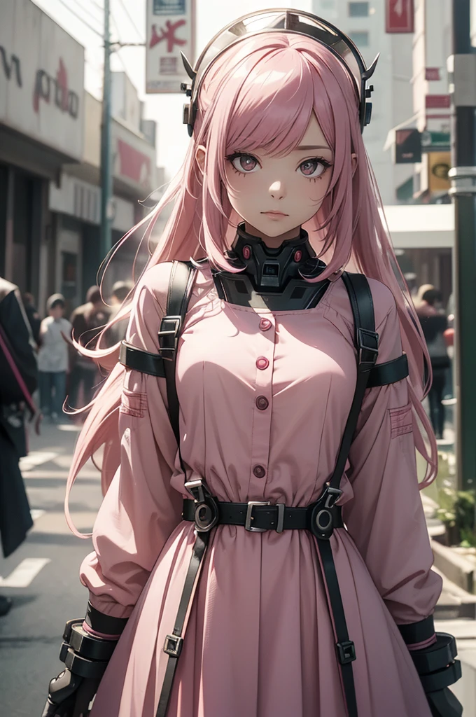 (8k, RAW Photos, Highest quality, masterpiece), Ultra-high resolution, (Realistic, photo-Realistic), One girl, Emotionless, alone, Pink Hair, Yellow Eyes, Professional Lighting, Detailed lighting, Backlight, Depth of written boundary, Natural light, Sharp focus, 2 meter shooting range, Professional photography, Detailed eyes, Realistic eyes, Detailed Shadows, CG games, Cosplay, Pink clothes with arm ring, suspenders, Upper Body, Pink clothes, exterior, Crown, Gundam, Mecha, robot