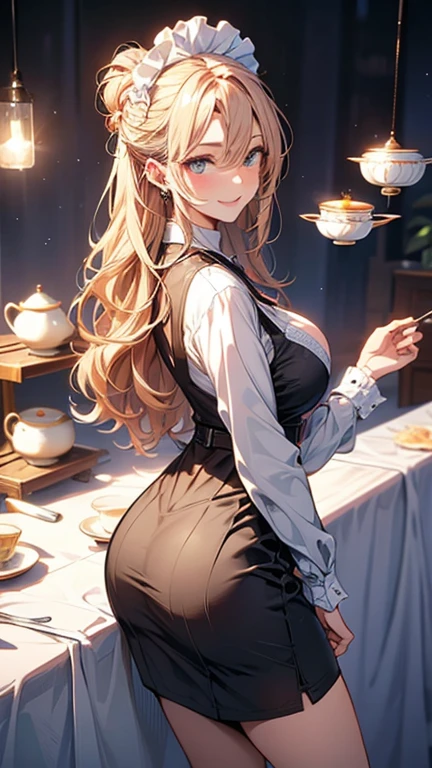 (Masterpiece, best quality), (ultra high resolution, 8K RAW photo, photo realistics:1.5, textile shading, thin outline), Beautuful Matured woman preparing tea-time, (tea set, tea pot, tea cups), wearing traditional sick maid uniform, maid costume:1.2, long flare skirts, apron, Tall and long legs, long white hair, wearing rimless grasses, (milf:1.5, 28 years old, solo), (large breast, sagging breast, big , narrow waist), (long white hair, hair over one eye, half updo, asymmetric hair, wavy hair), (bright pupils, detailed eyes, high detailed face, Perfect face shape, eye rush), (seductitve smiling, half-closing eyes), (looking at viewers:1.3), (dynamic angle, tighs focus, from side above:1.2), ((correct anatomy:1.5, correct hands)), (ideal ratio of body proportions),