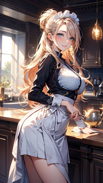 (Masterpiece, best quality), (ultra high resolution, 8K RAW photo, photo realistics:1.5, textile shading, thin outline), Beautuful Matured woman preparing tea-time, (tea set, tea pot, tea cups), wearing traditional sick maid uniform, maid costume:1.2, long flare skirts, apron, Tall and long legs, long white hair, wearing rimless grasses, (milf:1.5, 28 years old, solo), (large breast, sagging breast, big , narrow waist), (long white hair, hair over one eye, half updo, asymmetric hair, wavy hair), (bright pupils, detailed eyes, high detailed face, Perfect face shape, eye rush), (seductitve smiling, half-closing eyes), (looking at viewers:1.3), (dynamic angle, tighs focus, from side above:1.2), ((correct anatomy:1.5, correct hands)), (ideal ratio of body proportions),
