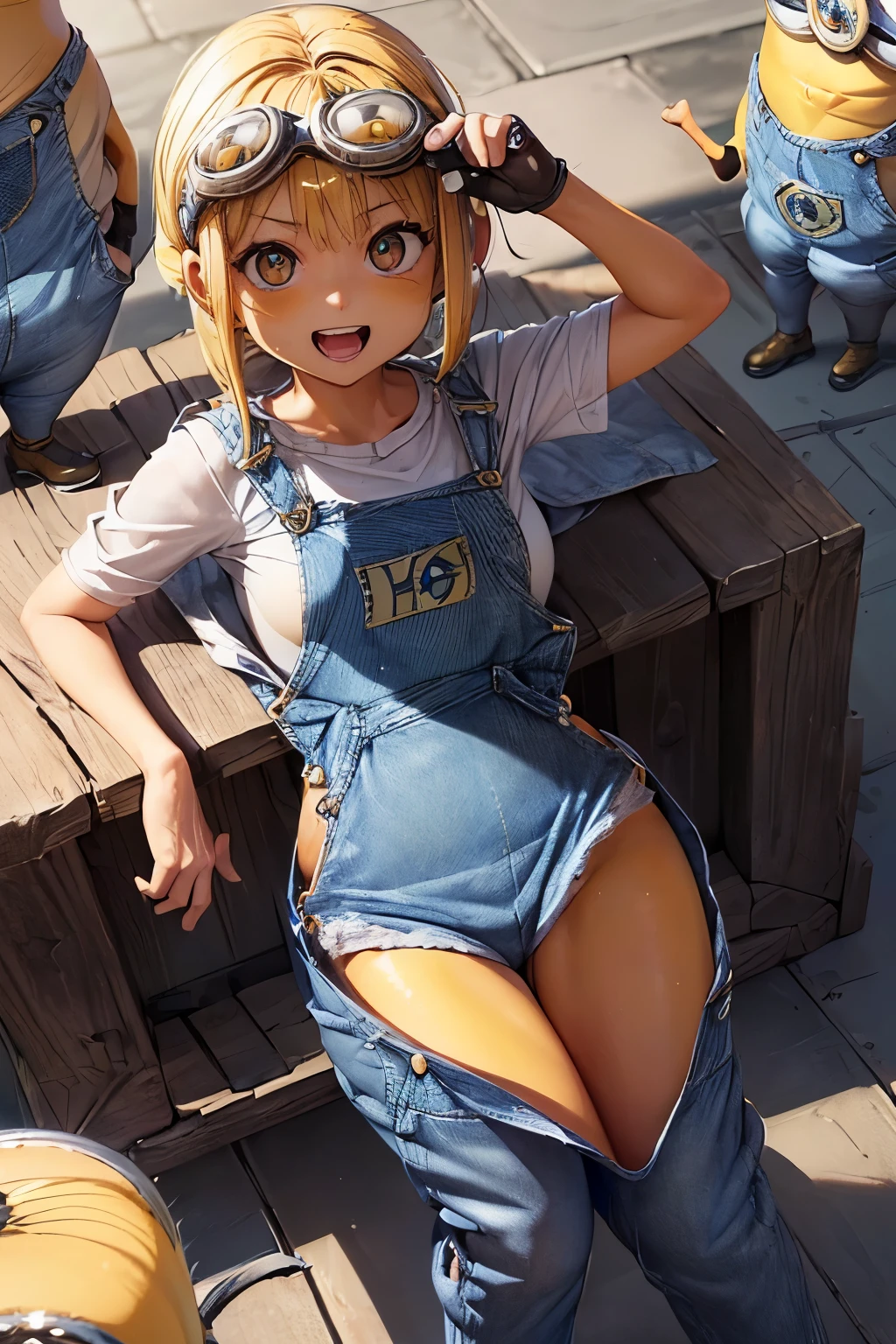 (8k, raw photo, masterpiece, extremely detailed, best quality, professional lighting, high res), (view from above:1.2), (looking up the viewer:1.2), only 1 girl, 15 years old, (beautiful and adorable girl), (yellow body, vivid yellow skin, her body turned completely yellow, abnormal skin color, strange skin color:1.6), (she is wearing only blue overalls on naked body:1.5), (blue denim overalls:1.5), (she is wearing round big goggles:1.2), (black glove), BREAK (a girl turned into a minion:1.5), normal eyes, (minions, minions costume:1.3), (energetic girl, open-mouthed laugh, big smile), blush, sfw