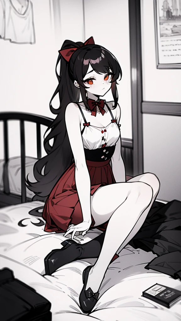 using pantimedies, wavy black hair, piercing look with deep red eyes, average stature, Silky hair with a ponytail hairstyle collected with a red bow with two white lines, with clothes, has a vagina, has breasts, cup of breasts, small breasts, slim, foreground, Session, sitting in her room, sitting on the floor of her room, wearing pantyhose, using pantimedies, Picardias, short skirt, shoes, blouse with straps
