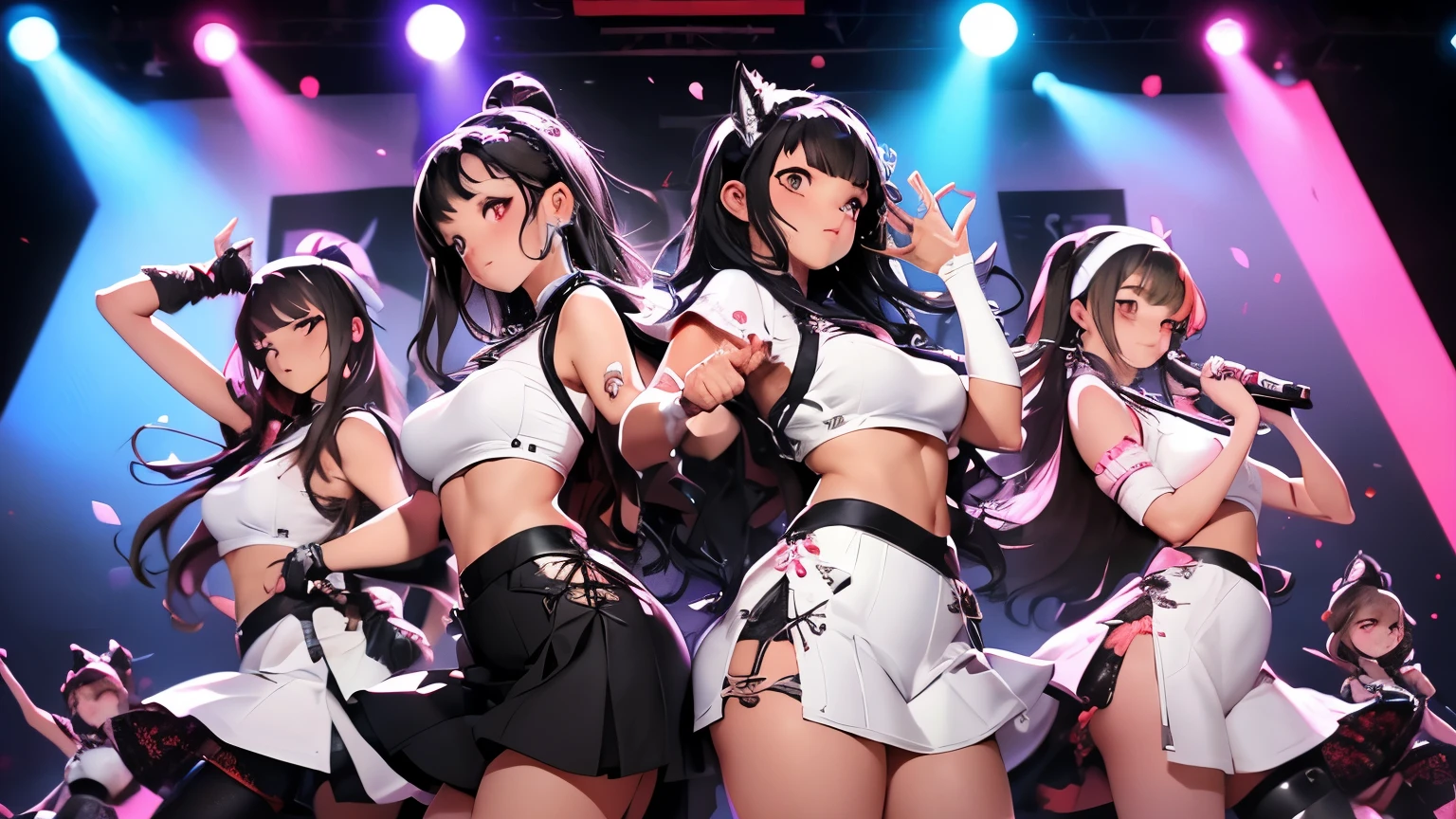 ((6 Girls)),6 Idol,Tween,cute,on stage,Enjoy dancing in front of an audience,fox ears hair band,Black Hair,black and white outfit,Matching outfits,2020s,Japanese,
Beautiful lighting, Dynamic Angle, Sharpen your photos,