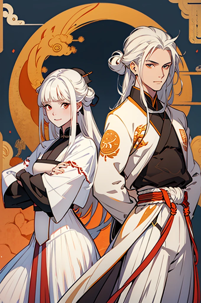 t32k, best quality, masterpiece, super detail, high details,sword pose , one girl and one boy, two characters who are friends,long white hair,long hair man, white hair young woman in white , blue and orange clothes , red eyes girl with bangs, back to back , calm expression, ancient china , flat background, Chinese pattern background, holding sword, smiling