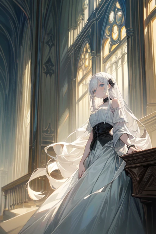(masterpiece,detailed,SFW:1.3),(Overlooking,Looking at the audience),(1 Girl,big,Pale skin),(White hair, Long hair,Blue Eyes,Shining eyes),Indifferent look,(Gothic style,Gorgeous skirt),Delicate eyes, Delicate face,Luxury Homes,indoor,Dim light
