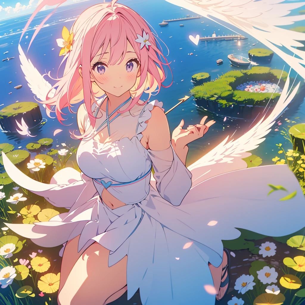 kawaii, anime, Cute, hyper quality, highly detailed, 8k, Clarity, Girl with bright pink smooth short hair, Hold cupid's bow, Detailed facial expressions, lily flower field, Close your eyes and smile, pure, kindness, trust, heart effect, angel wings on the back, heaven, draw a bow, happiness, feeling of happiness, magic effect, angel wings dance, rainbow color effect, iris effect, light atmosphere, sky temple, take off and float in the air, Halo, iris arc, Expanding perspective, Hold a heart-shaped pink bow and a magic arrow, A pose where you close your legs and jump to shoot an arrow., white lily garden, lily petals dance, heart bow and magic arrow, celestial maiden costume, 	