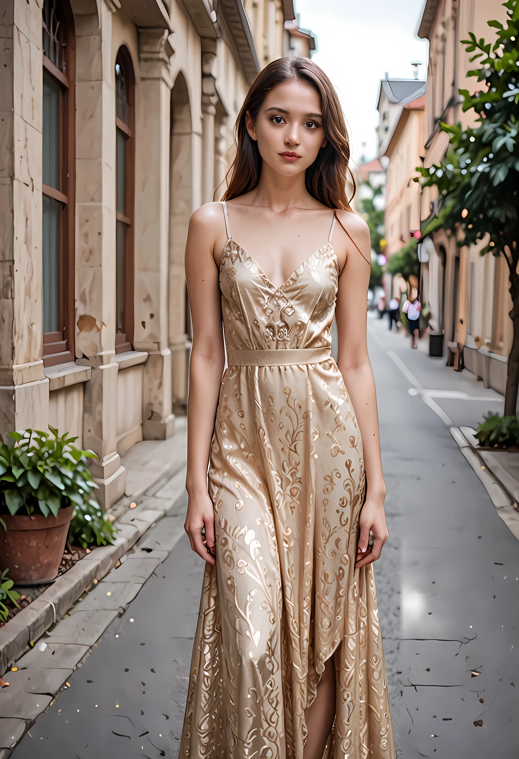 Arafed woman in a gold dress walking down a street - SeaArt AI