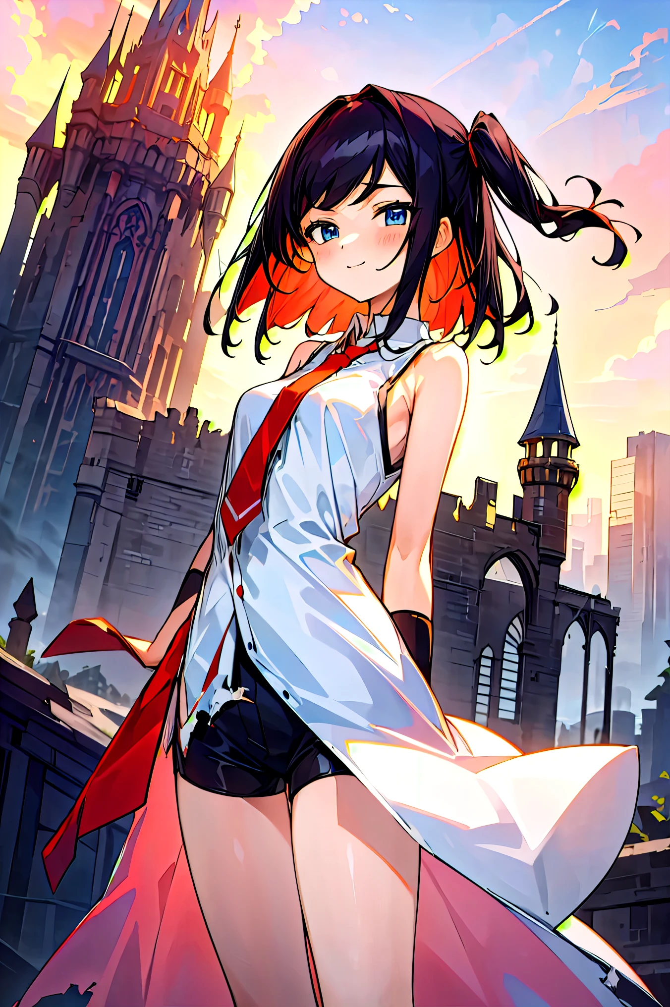 (masterpiece:1.2), (high quality:1.2), girls with((1girl, solo, black hair, blue eyes, smiling, blush, (medium hair, right swept bangs, one side up:1.55), bare shoulders, blush, breasts, cowboy shot, white shirt, chinese shirt dress, white cheongsam, sleeveless, (collared shirt, red necktie:1.45), black armwarmers, elbow armwarmers, long dress, (open dress:1.34), black shorts, bare legs, stands)), background with((fantasy world, ruin, castle, beautiful sky, shining sky, sunshine:1.35))