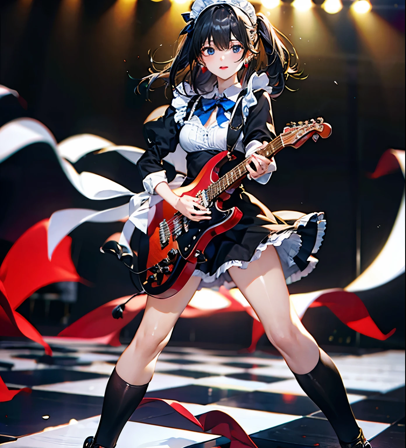 Black Hair、Realistic:1.2, 黒いMaid clothes,Slim figure、Normal bust size、 highly Realistic photograph,  Full Body Shot, １2 electric guitars, Maid clotheaid clothes,Earrings Dark lipstick, blue eyes,Red ribbon, Beautiful and perfect legs, Confident expression,,Dynamic pose, Dynamic Lighting, Colorful Stage,Colorful stage lighting, Aria Alexa 65, 50mm lens