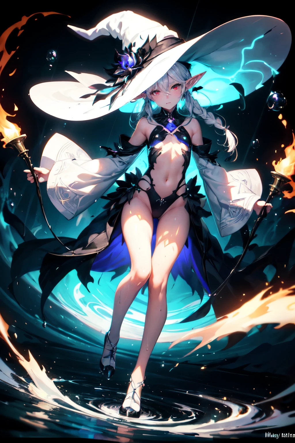 (masterpiece, Best quality, ultra detailed, best shadow), (detailed background,dark fantasy), (beautiful detailed face), high contrast, (Better lighting, very gentle and beautiful), ((cinematic light)), colorful, hyperdetailing, dramatic light, complex parts, (1 girl, elf, Red eyes, Sharp face, White hair, hair between eyes, white clothes, white high top shoes, Dynamic angle, The White Hat of the Witch), (swirling black light around the character:1.5), depth of field, Black light particles, (shower), (stands on the water) (character wet from rain), (raindrops), (Full length character), (purple flame), (quality eyes), (detailed eyes), (detailed character body), (flat chest)