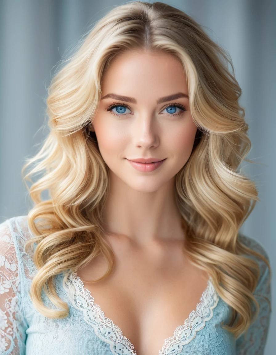 Portrait style image featuring a young woman with striking facial features. She has fair skin, acqua blue eyes, and long, wavy blonde hair that frames her face. Her expression is happy and youthful, with slightly parted lips and a direct gaze into the camera. She is wearing a light-colored top with a lace detail visible at the neckline, and a gray cardigan. The background is blurred, focusing attention on her face and upper body. The lighting is soft, highlighting her natural features and hair color.