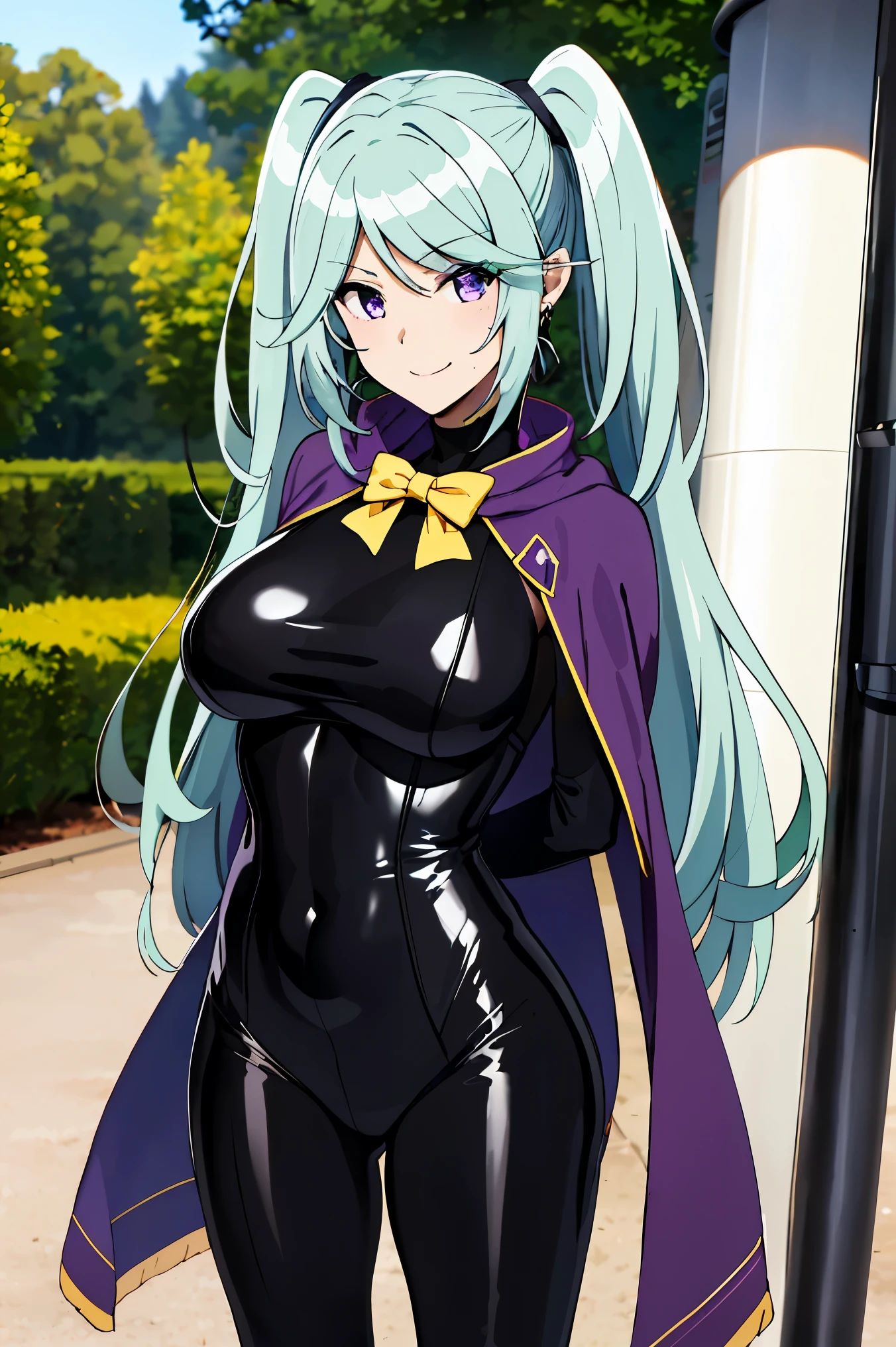 1girl, bangs, blue hair, (shiny black bodysuit:1.5), gold trim, breasts, purple cape, purple eyes, purple gemstones, smile, solo, very long hair, twintails, skintight, toned,
BREAK (green dress with a yellow bow tie and earrings:1.2),
BREAK （perspire，Sweat a lot，Blushlush，Be red in the face，Blushlush），Stand at the door of the phone booth,arms behind back,
BREAK ball gown, in the garden of trees, wedding decorations, 
BREAK ((top quality, 8k, masterpiece: 1.3, ultra hd, high quality, best quality, high definition, realism)), sharp focus: 1.5, Beautiful woman with Slim body, (perfect hands, perfect anatomy),