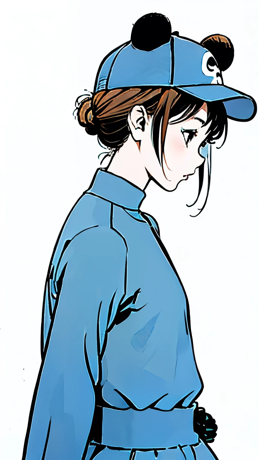 Giant Panda、profile、Upper Body、Blue jumpsuit、Blue baseball cap、sunny、Dropped ears、Simple Background