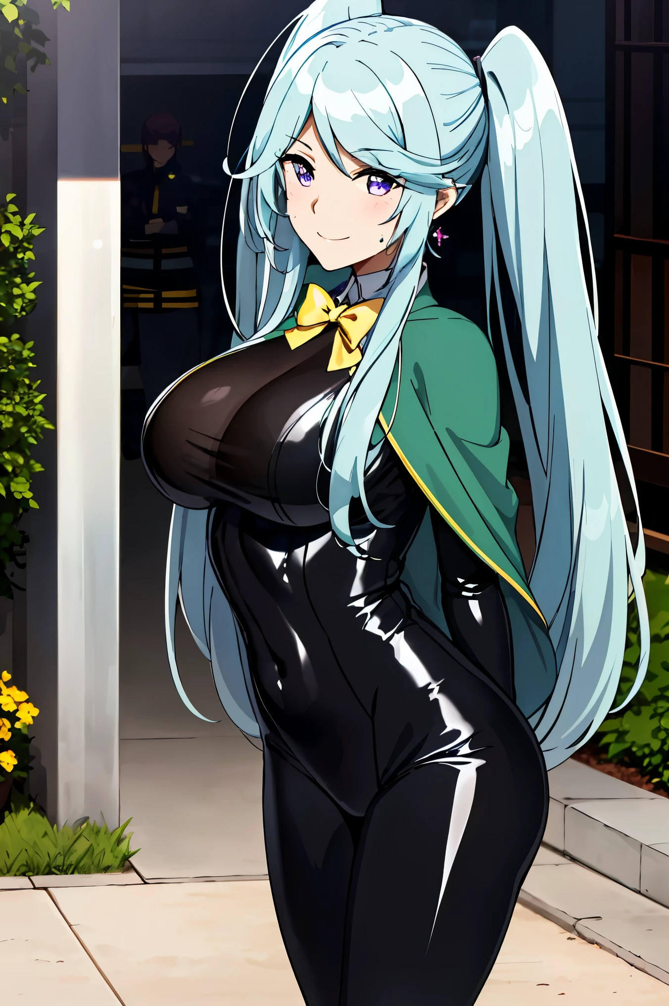 1girl, bangs, blue hair, (shiny black bodysuit:1.5), gold trim, breasts, purple cape, purple eyes, purple gemstones, smile, solo, very long hair, twintails, skintight, toned,
BREAK (green dress with a yellow bow tie and earrings:1.2),
BREAK （perspire，Sweat a lot，Blushlush，Be red in the face，Blushlush），Stand at the door of the phone booth,arms behind back,
BREAK ball gown, in the garden of trees, wedding decorations, 
BREAK ((top quality, 8k, masterpiece: 1.3, ultra hd, high quality, best quality, high definition, realism)), sharp focus: 1.5, Beautiful woman with Slim body, (perfect hands, perfect anatomy),