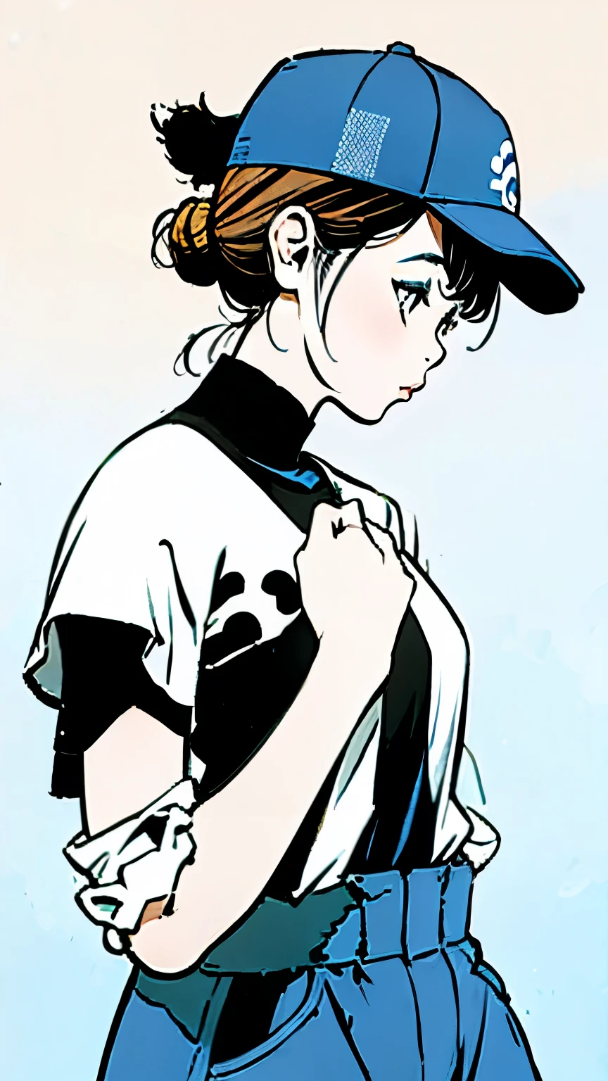 Giant Panda、profile、Upper Body、Blue jumpsuit、Blue baseball cap、sunny、Dropped ears、Simple Background
