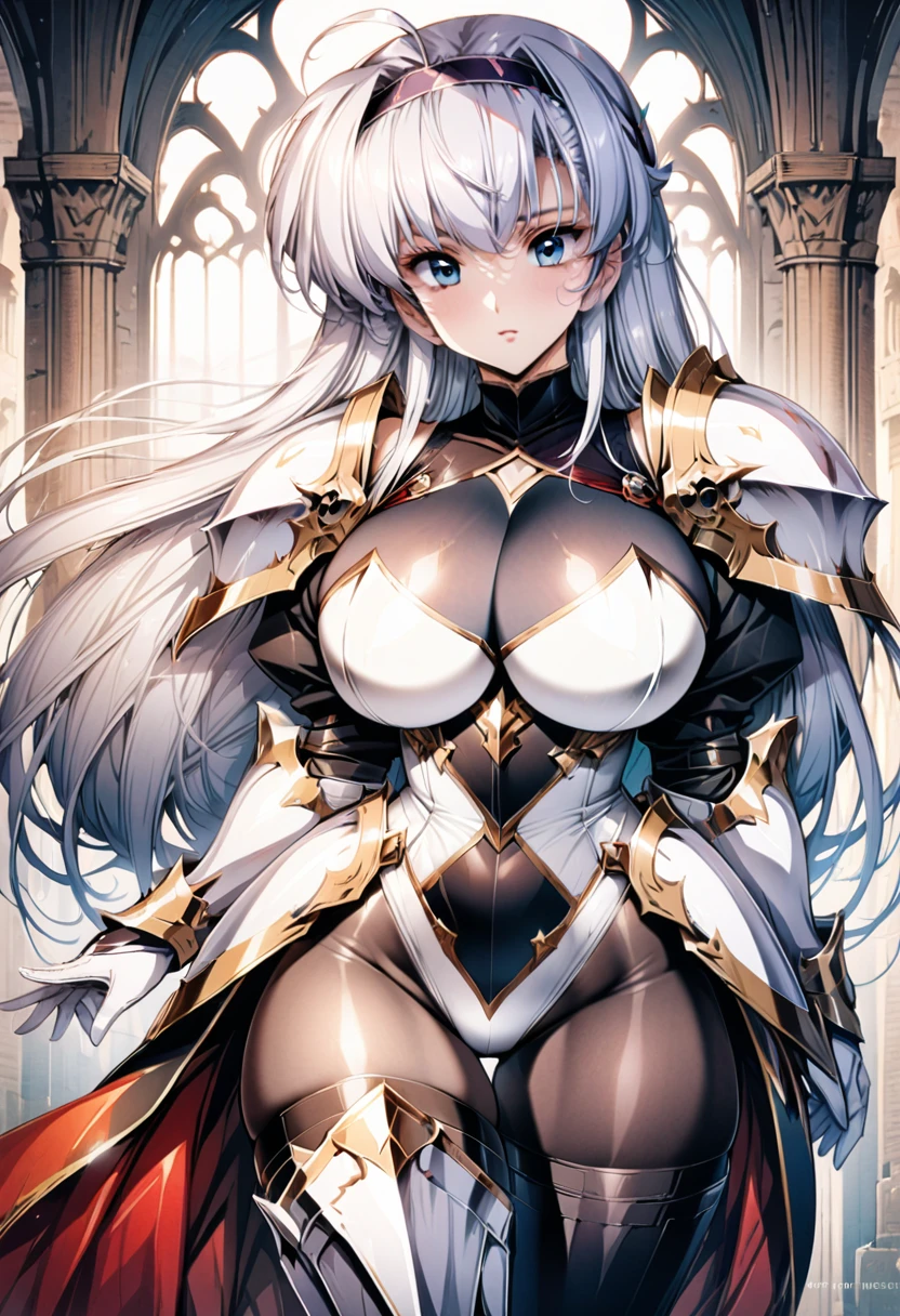 ((highest quality)), ((masterpiece)), ((hyperrealistic)), (Western-style castle), 1girl, ((curvy: 1.2)), perfect face, ((Shooting from the side)), ((Langrisser)), ((white latex high cut leotard: 1.5)), ((catsuit)), ((white shoulder armor)), ((long skirt)), (breastplate), gauntlet, gloves, silver hair straight hair, ahoge, (huge breasts: 1.5), (see-through cleavage cutout: 1.5), (see-through black pantyhose thigh: 1.3), (zettai ryouiki: 1.3), (armored thigh-high boot), ((hair band)), thigh gap, beautiful blue eyes, Perfect hands, perfect fingers,