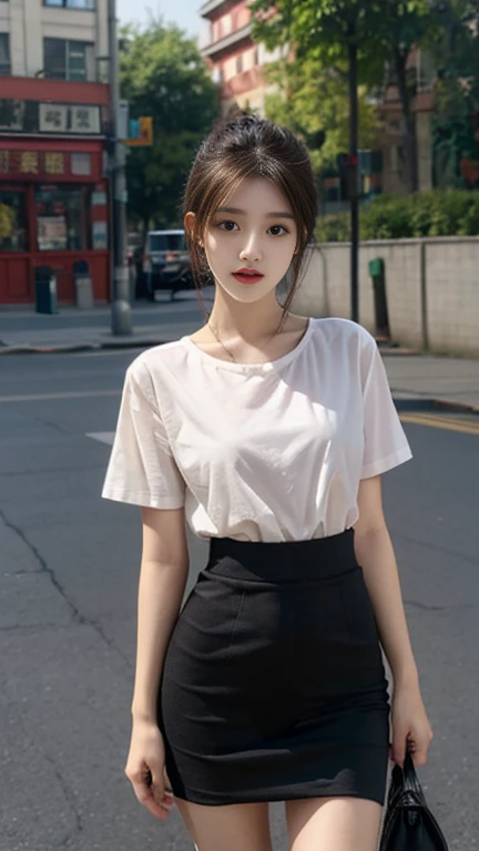 1 Girl,roadside,Soft Light,Chinese Beauty,Short sleeve,Short skirt,Dark-haired