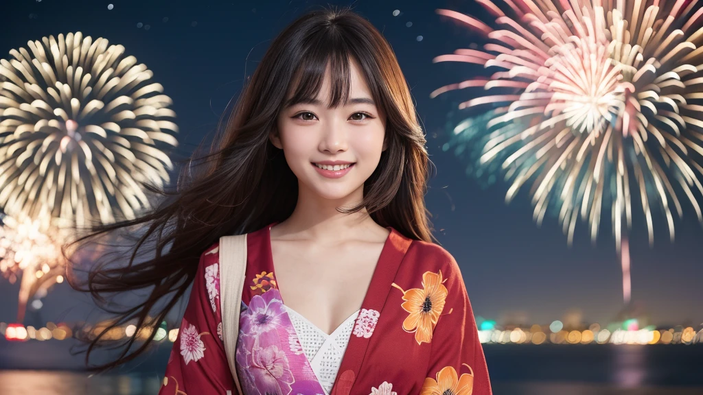 kawaii, (1girl), (happy smile:1.2), (yukata), (Best Quality:1.4), Realistic, extremely detailed CG unified 8k wallpaper, highly detailed, High-definition raw color photos, professional photography, Realistic portrait, Beautiful detailed, Close up portrait of girl, Outdoors, Beautiful scenery, beach, (The night sky, fireworks, beautiful fireworks spreading across the sky:1.4), so beautiful, upper body photos, amazingly beautiful sight, A wonderful, (Fine face:1.2),