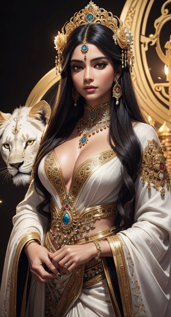 Sexy hota beautiful detailed female hindu goddess, skin, long black hair, intricate white and jeweled outfit, standing next to two large white lions, holding a bouquet of colorful flowers, (best quality,4k,8k,highres,masterpiece:1.2),ultra-detailed,(realistic,photorealistic,photo-realistic:1.37),extremely detailed face and eyes,beautiful detailed lips,extremely detailed and intricate jewelry and clothing,detailed fur on the lions,vibrant colors,dramatic lighting,ornate and elaborate background outfit white