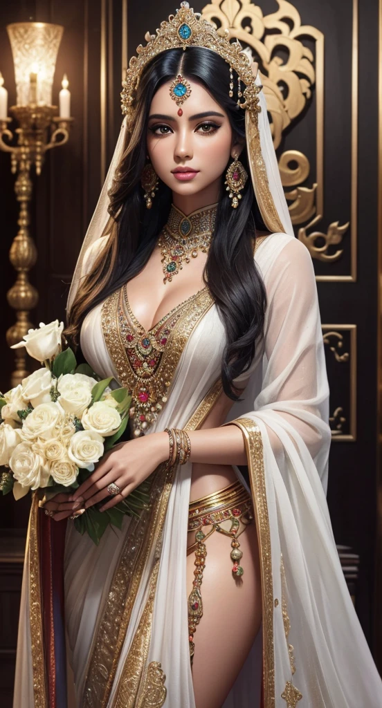 Sexy hota beautiful detailed female hindu goddess,  skin, long black hair, intricate white and jeweled outfit, standing next to two large white lions, holding a bouquet of colorful flowers, (best quality,4k,8k,highres,masterpiece:1.2),ultra-detailed,(realistic,photorealistic,photo-realistic:1.37),extremely detailed face and eyes,beautiful detailed lips,extremely detailed and intricate jewelry and clothing,detailed fur on the lions,vibrant colors,dramatic lighting,ornate and elaborate background outfit white