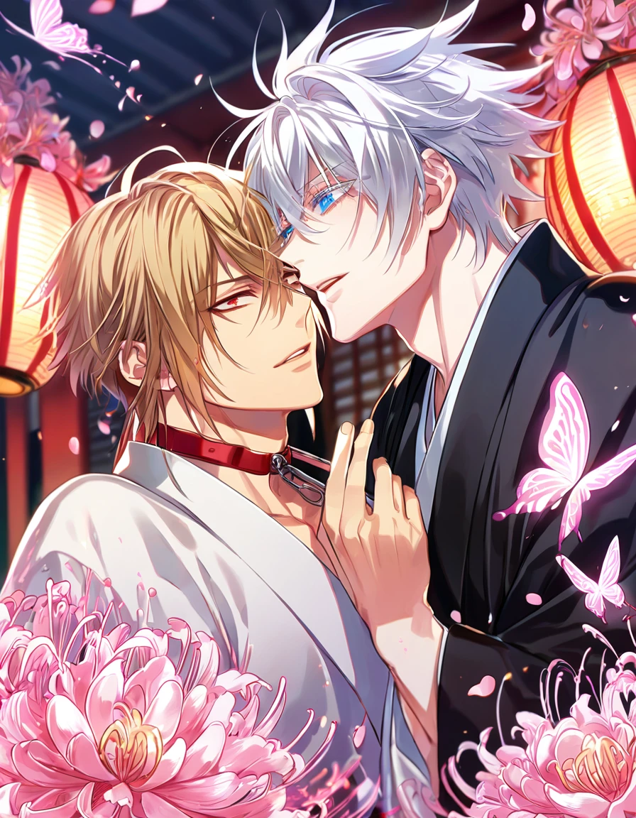 absurd resolution, high resolution, ultra detailed, detailed eyes, extremely detailed, HDR, 8K, Kazama Chikage, honey blonde hair, expressive red eyes, Hakuouki, Gojou Satoru, white hair,expressive blue eyes, white eyelashes, two sexy men together, yaoi, gay couple, handsome, black haori, white kimono, red collar, fantasy, cool, magical, pink glittering butterflies, pink dust flying around, pink spider lilies, pink petals, pink lanterns, Japanese ambiance, indoors