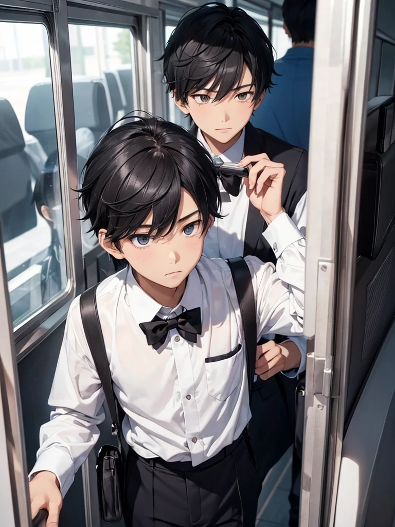 CLASSROOM OF THE ELITE
On the bus, The boy is wearing the uniform of Tokyo Metropolitan Advanced Nurturing High School. The form-fitting uniform outlines his slender and well-proportioned figure, highlighting his identity as a first-year student. The boy has short ink-black hair, a well-defined face with a straight nose, and a handsome appearance that makes him stand out among his peers. At the age of seventeen, the boy's appearance still reveals a hint of youthful innocence. However, his eyes, clear-cut in black and white, convey a calm and composed gaze, making him seem mature beyond his youthful exterior. A person's gaze and temperament are shaped through experiences. Plus the superpower to read others' minds and exceptional learning ability, this boy's psychological age is much older than his actual age. The boy named 'Shimizu Yuto' is looking at his phone.