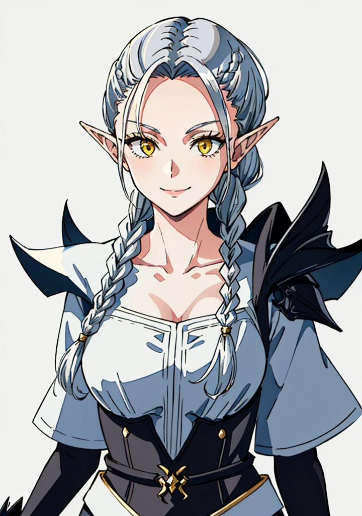 ophelia(claymore),1girl,Solo,fantasy,white skin,silver hair,show the forehead ,((slicked back hair)),((hair pulled back)),single braid,(long braid),(large braid),yellow eyes,white bodysuit,white gloves,collarbone,silver pauldrons,evil smile,((simple background)),gray background,old school fantasy art,elf