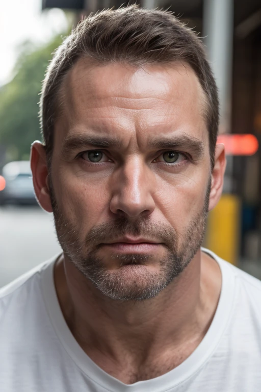 ((melhor qualidade)), ((obra de arte)), (detalhado), 40-year-old white man, square bearded face, penetrating gaze, hunter eyes, marked jaw, model face,film style, film mode photography, Midjourney style  