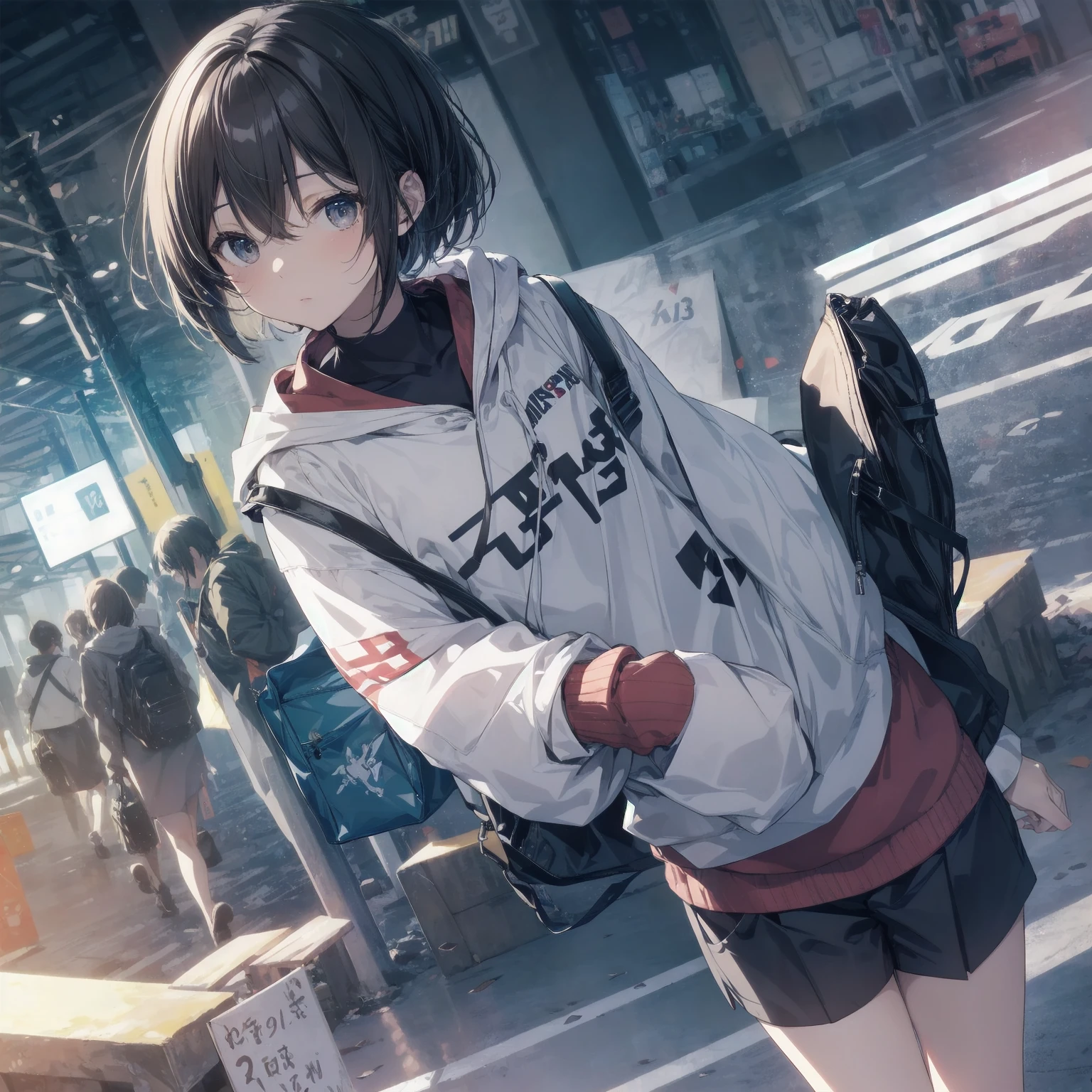 God-like quality, Anime Moe Art Style,Best Anime 8K Konachan Wallpaper,Amazing anime 8k,Perfect Anatomy, (Please draw a girl walking sleepily to school.. ),break, One girl, (alone,,,:1.3),, The charm of androgyny, (Very short hair), Complete limbs, Full Finger,Flat Chest, Small Ass, between legs, Small eyes,Beautiful black eyes in 8k detail,Disgusted Eyes, , School zone. break,Very detailed,High resolution,Very detailed肌, Professional Lighting, (cool illustration:1.2),