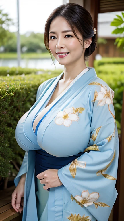 Full Body Shot，，50years old，Mature Woman,Detailed Eyes，Wrinkles around the eyes，A kind smile,(((big tits1.8))),((Huge breasts 1.6)),(((Plump body 1.8))),(masterpiece:1.6, highest quality), Intricate details, Written boundary depth，detailed, （((kimono))，(((Light blue kimono1.8)))8K,highest quality, masterpiece, Ultra-high resolution,, (updo)、(((Garden)