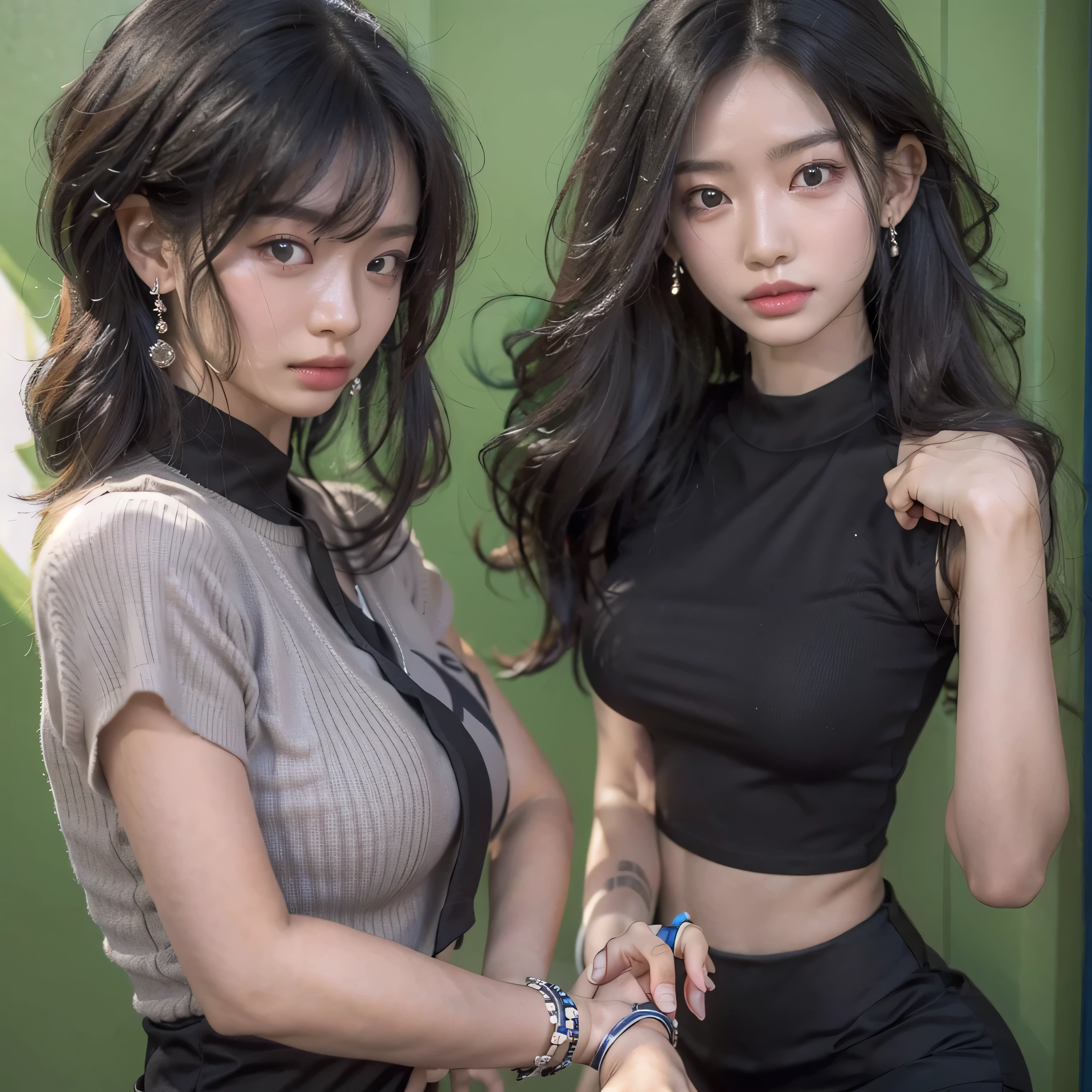 RAW photo, extremely delicate and beautiful, masterpiece, Best Quality, ultra high resolution, 32k, hyperrealistic, ultra-detailed, in her 20s, delicate facial features, tearful mole, earring, big breasts, full body shot, shorter middle hair, black hair, (((3 girls))), short pencil skirt, black shirt, collared dress shirt, sleeveless, best quality, ultra high res, (photorealistic:1.4), pretty girl, tanktop black shirt, black tight skirt, black choker, (faded ash gray hair:1), medium breasts, looking at viewer, closeup, (pretty face) , southeast asia girl, (RAW photo, best quality,high quality,highres), (realistic, photo-realistic), ultra-detailed,(front lighting) 