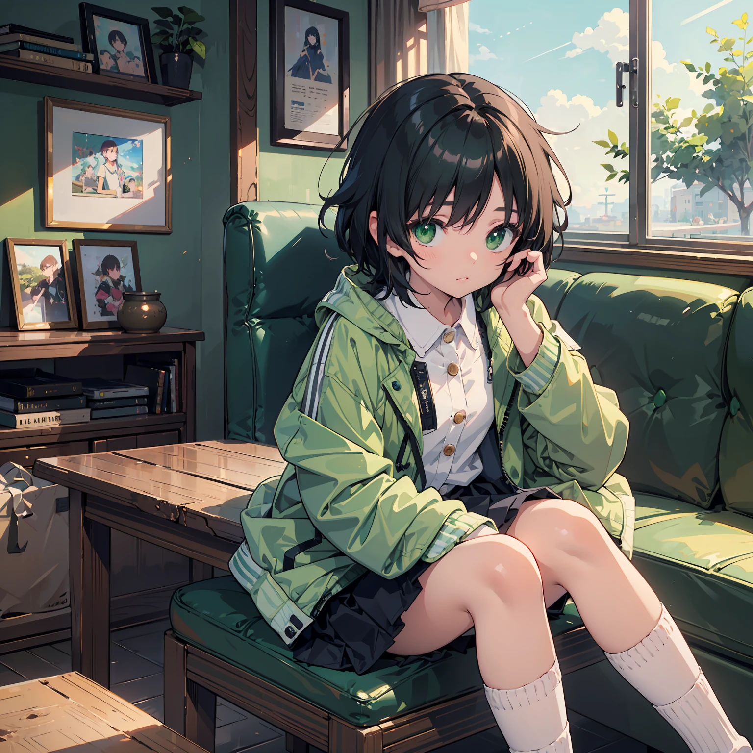 (masterpiece:1.2), (Highest quality:1.2), Ultra-high resolution, Very detailed, Perfect Eyes, Perfect Face, Perfect lighting,((Seated Anime Girl)), Headrest, anger, Surreal Girl, (1 person,ta,boyish, , 13 y),((alone:1.3)), , The charm of androgyny, (Very short hair), ((Black Hair)), Messy Hair, small and soft breasts,Slender body, Small Ass, Small green eyes,Fine and beautiful eyes, Well-proportioned iris and pupil, Expressive eyes, Beautiful and detailed lips, High resolution detailed hair, ((Light green jacket:1.4)),(White shirt:1.4),((Check skirt)), Light green socks, Brown Loafers, Student Bag, ultra high density skin, Portraiture, Gweiz-style artwork, Makoto Shinkai'Art Style, lofi Portraiture, Digital anime art, Makoto Shinkai style, LOFI Girl, Anime style illustrations, ロフィArt Style, Anime illustration