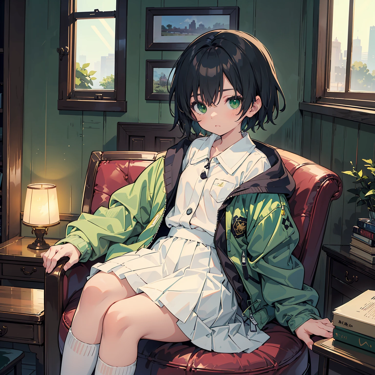 (masterpiece:1.2), (Highest quality:1.2), Ultra-high resolution, Very detailed, Perfect Eyes, Perfect Face, Perfect lighting,((Seated Anime Girl)), Headrest, anger, Surreal Girl, (1 person,ta,boyish, , 13 y),((alone:1.3)), , The charm of androgyny, (Very short hair), ((Black Hair)), Messy Hair, small and soft breasts,Slender body, Small Ass, Small green eyes,Fine and beautiful eyes, Well-proportioned iris and pupil, Expressive eyes, Beautiful and detailed lips, High resolution detailed hair, ((Light green jacket:1.4)),(White shirt:1.4),((Check skirt)), Light green socks, Brown Loafers, Student Bag, ultra high density skin, Portraiture, Gweiz-style artwork, Makoto Shinkai'Art Style, lofi Portraiture, Digital anime art, Makoto Shinkai style, LOFI Girl, Anime style illustrations, ロフィArt Style, Anime illustration