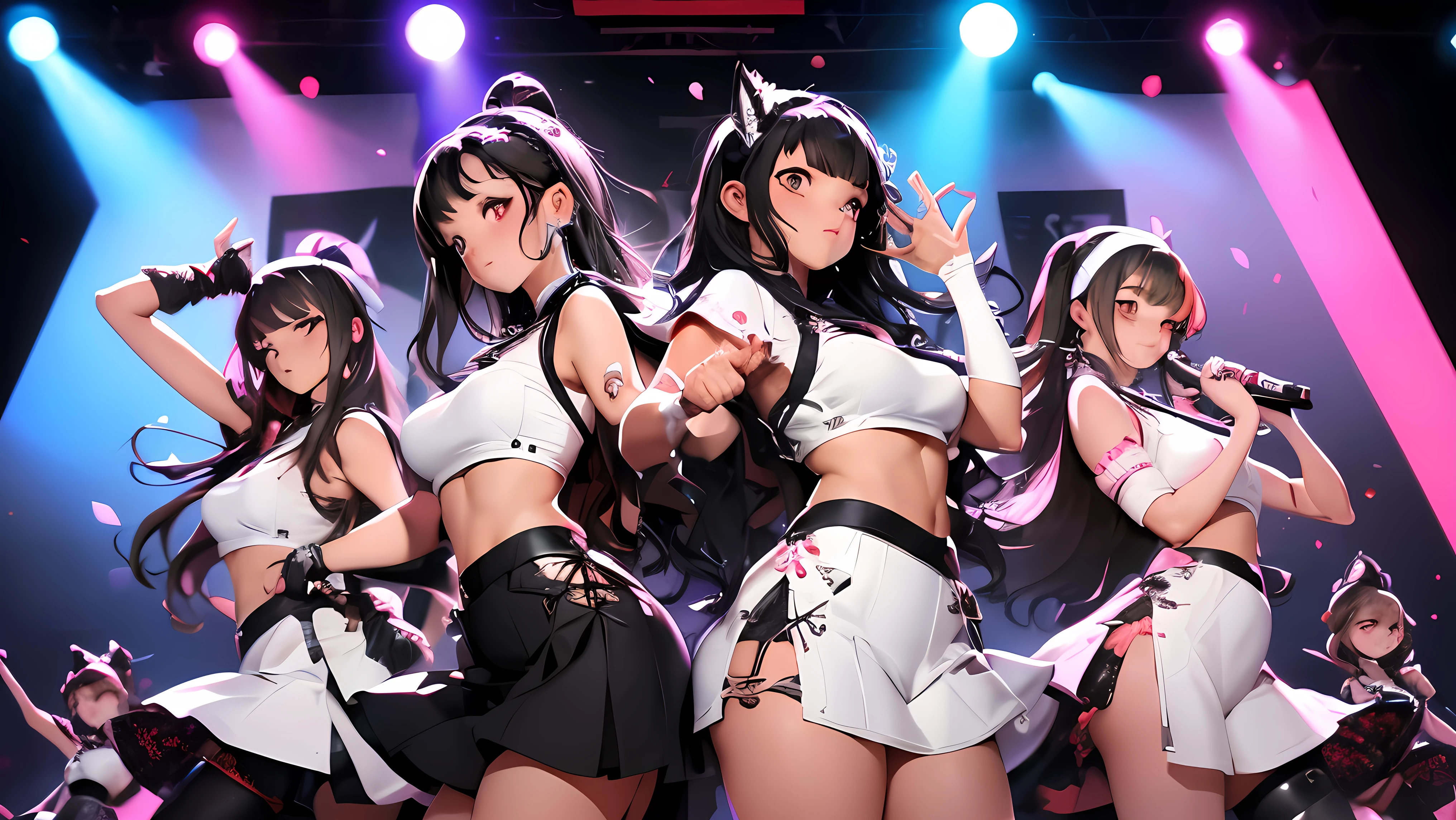 ((6 Girls)),6 Idol,Tween,cute,on stage,Enjoy dancing in front of an audience,fox ears hair band,Black Hair,black and white outfit,Matching outfits,2020s,Japanese,
Beautiful lighting, Dynamic Angle, Sharpen your photos,