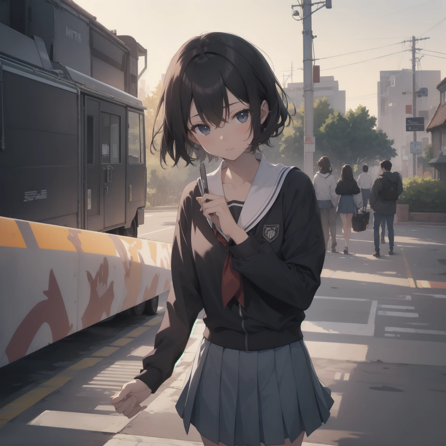 ultra-absurdres-Top quality by artist God, ultra-detailed, high resolution, anime moe artstyle, best anime 8k konachan wallpaper, pixiv contest winner, pool:2810, perfect anatomy,break, 1girl, (Please draw a girl walking sleepily to school alone. )break,(Solo,little female, 13-year-old:1.3),Full limbs, complete fingers,a junior high school student, (very short hair), short cut, flat chest, , small butt, small black eyes, beautiful detailed eyes, well-proportioned iris and pupils, expressive eyes, highres detailed hair, soft expression, salor school_uniform, sailor collar, serahuku, bow, pleated skirt,(Detailed Lighting), (Detailed background), in the School commute route. break,super detailed skin, Best cinematic lighting powered by famous artist, 8k,beauty illustration,photoshop_(medium),very aesthetic,break,((artist:minami_(colorful_palette) )), artist:clamp ,artist:carnelian ,artist:kantoku ,