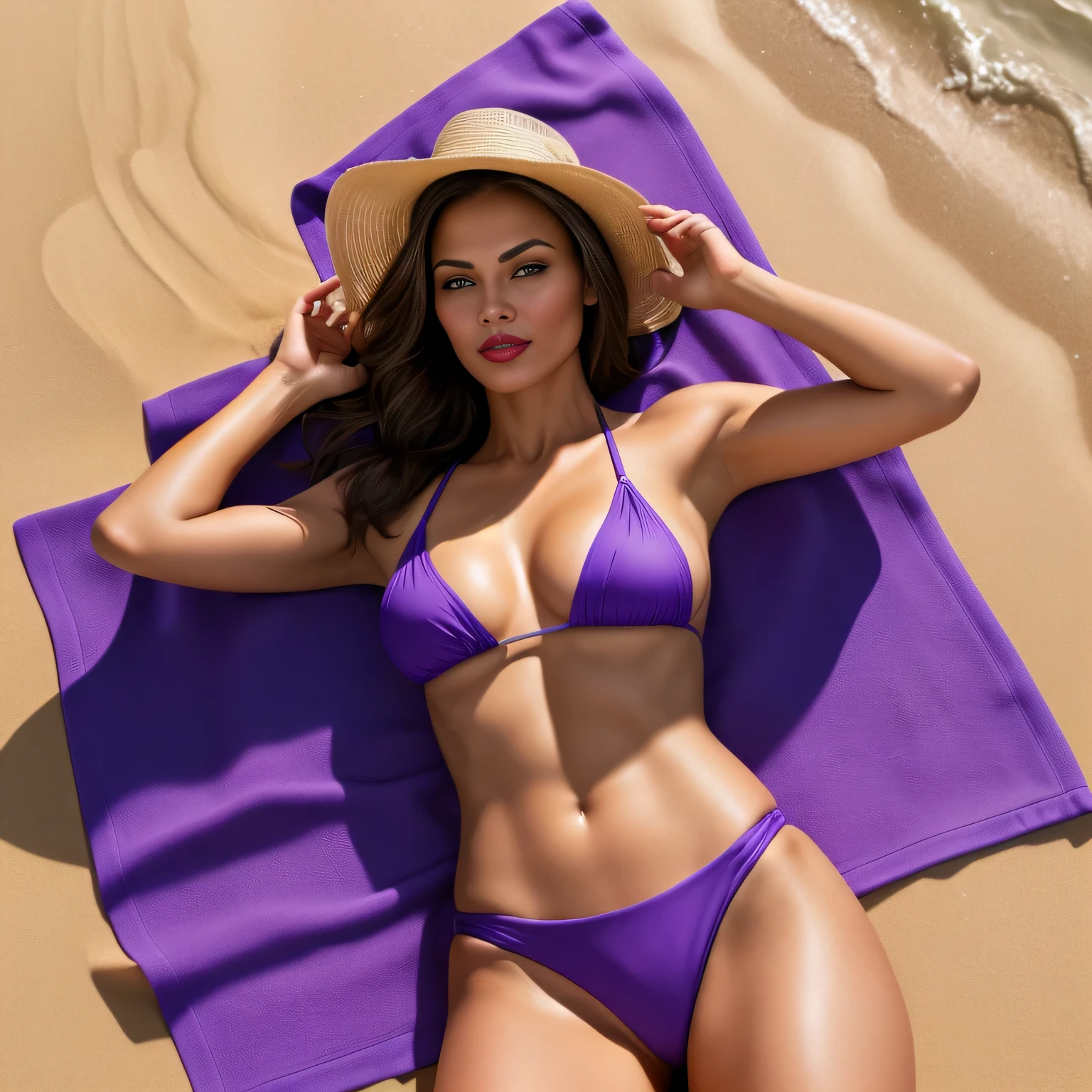 A 45 year old woman in a purple bikini lying on a towel with arms extended back over her head, holding a hat, tanned skin, having fun in the sun, she is lying on her back, sunbathing on the beach, lying down, lying on her back, in the sun, lying on her back, she is seen relaxing face down on a blue towel spread out on the tiled floor. She is wearing a purple bikini. The background features more of the same ceramic tile, suggesting a minimalist interior design. She appears to be relaxed and looking up. wearing a two-piece swimsuit, wearing a purple bikini, in the sun, lying on the floor, lying on her back, photo taken, on a sunny day. Fitness body, full body, tanned skin, purple bikini, portrait of a 45-year-old woman, tanned skin. A woman in good physical shape, a fitness woman, a perfect face, a perfect mouth. The setting appears to be an outdoor patio or porch with tile floors.

Woman, ((masterpiece, best quality)), ultra high resolution, beautiful woman with perfect figure, slim abdomen, full body view, very detailed skin and face texture, full body photography, full body portrait, clothes light, beautiful tanned legs, full body, detailed skin, very detailed, cinematic lighting, ultra-realistic, dark brown hair, medium hair, ((red lips), portrait, full body view, high contrast, close-up, ( best quality) (detailed) (cinematic lighting), 8k lighting, perfect body, perfect face, perfect hair, perfect hair, cinematic clarity, ultra-high resolution, (sharp focus), perfect hair, perfect hair, perfect body, perfect hair , RAW.

Woman with white skin and dark brown hair. She is around 40 years old, measures 165 cm and weighs 56 kg. She has a perfect mouth, a perfect face. Her body is glamorous and her face is the definition of beauty. Slender body, slim waist, A woman in good physical shape, a fitness woman, a perfect face, a perfect mouth. Great realism, hyperrealism, very elaborate skin, perfect face. Sharp photo, high resolution, high quality, masterpiece, 16K photo, 