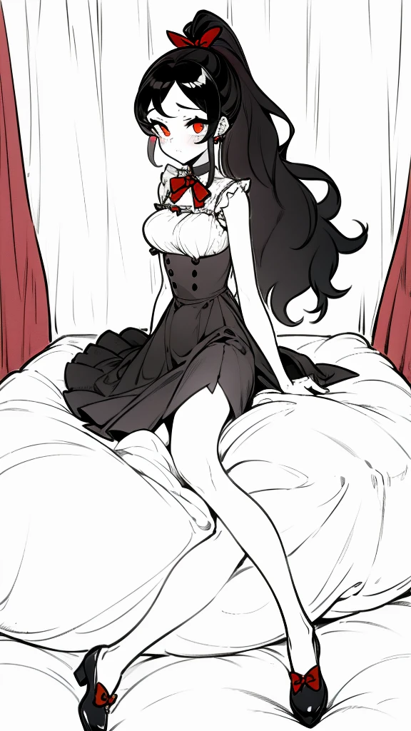 using pantimedies, wavy black hair, piercing look with deep red eyes, average stature, Silky hair with a ponytail hairstyle collected with a red bow with two white lines, with clothes, has a vagina, has breasts, cup of breasts, small breasts, slim, foreground, Session, sitting in her room, sitting on the floor of her room, wearing pantyhose, using pantimedies, Picardias, short skirt, shoes, blouse with straps