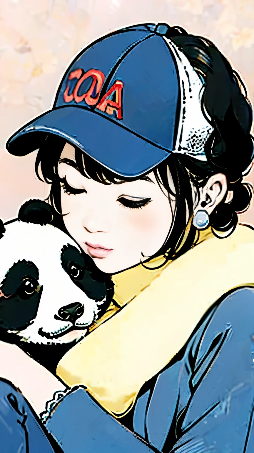 Giant panda snuggling up to a girl、Upper Body、Blue jumpsuit、Blue baseball cap、sunny、Dropped ears、Simple Background