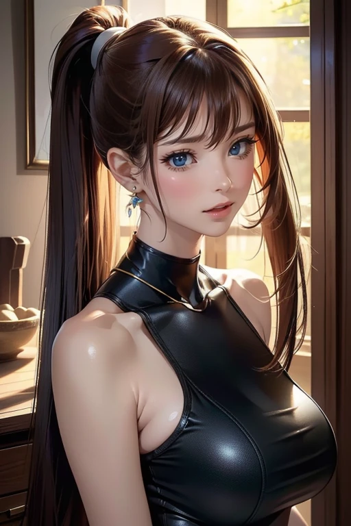 extreme close up,1 girl,(highly detailed skin),crooked,,beautiful胸,(big breasts),pale skin,pointed chest,erect nipples,(fantasy art,best image quality,surrealist portrait,(8K),Super realistic,最high quality, high quality, High resolution, high quality texture,high detail,beautiful,Detailed,Very detailed CG,Detailedテクスチャー,realistic expression of face,masterpiece,sense of presence,dynamic,bold),ponytail,(super thin hair),(super soft hair),(ultra straight hair:1.5),long flowing bangs,extra light coppery amber hair,hair above one eye,dressed,baggy t-shirt,see-through sailor swimsuit