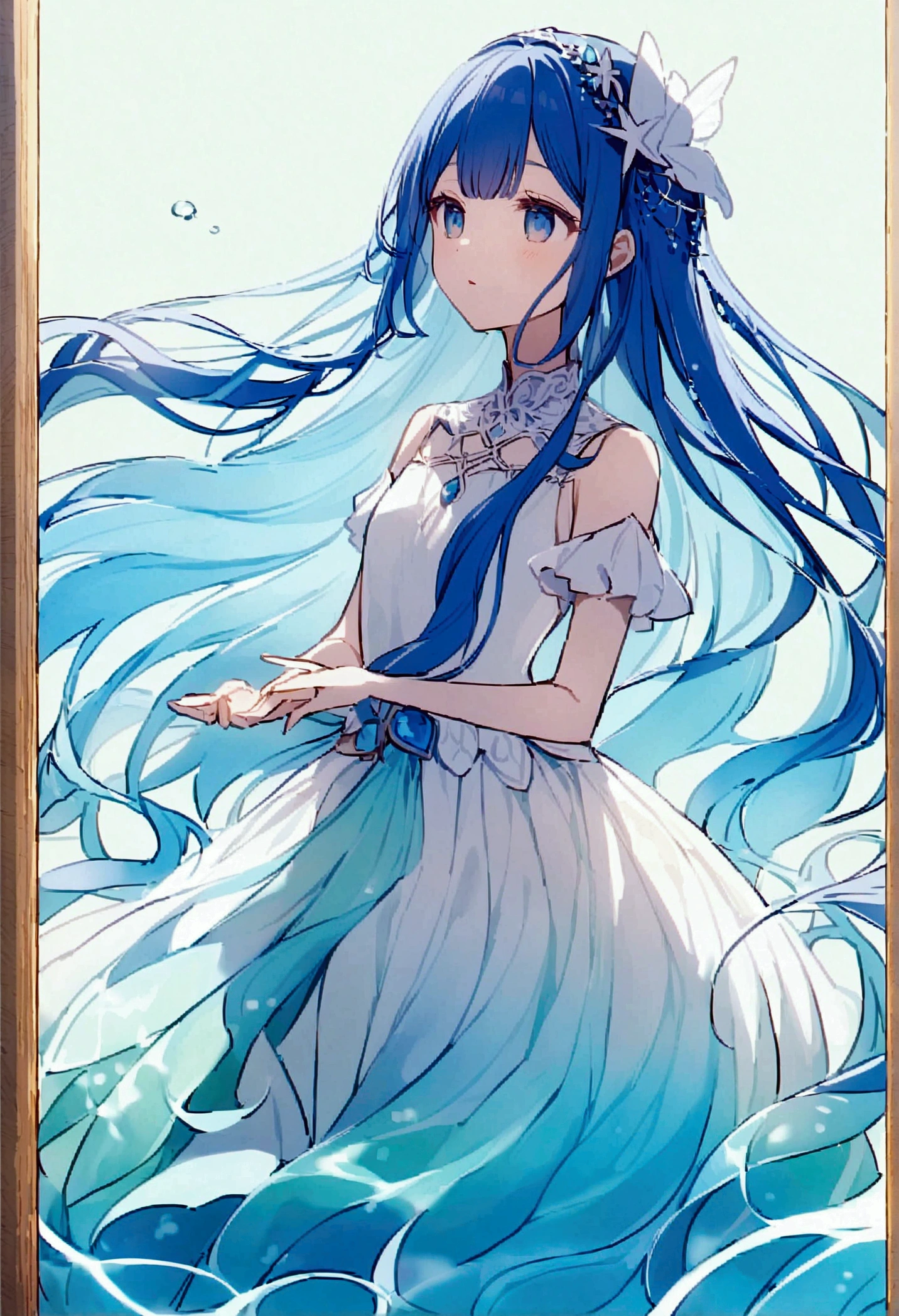 Sea Fairy：Sea Fairyのような美少女。With blue hair flowing like waves、Wearing shell accessories。Her singing voice is like the whisper of the sea。