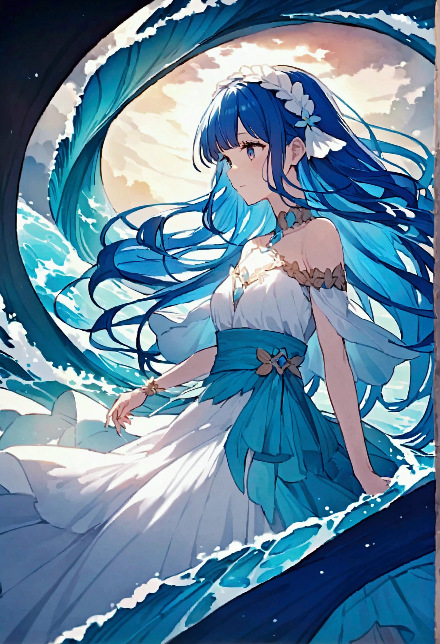 Sea Fairy：Sea Fairyのような美少女。With blue hair flowing like waves、Wearing shell accessories。Her singing voice is like the whisper of the sea。